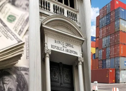 Fotomontaje dólares Banco Central y containers